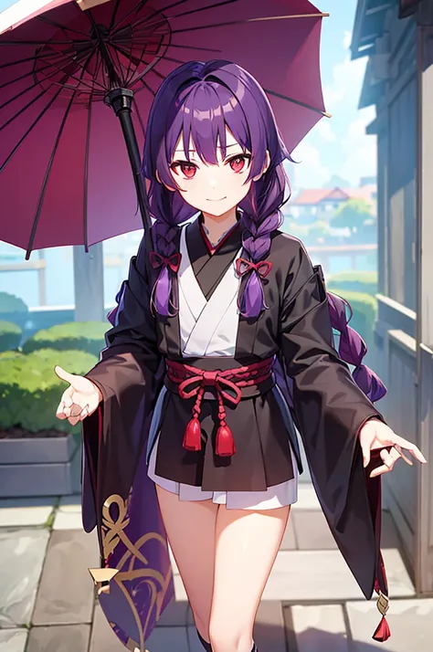 (((Purple Hair、Dye the inside of your hair red、Long Hair、Knot、Braid、Bright red eyes)))A man wearing a black robe、Smiling young man、Man standing facing forward、（（（Closed）Japanese Umbrella、赤いJapanese Umbrella）Boy standing with a）（傘はClosed）、（White background）...