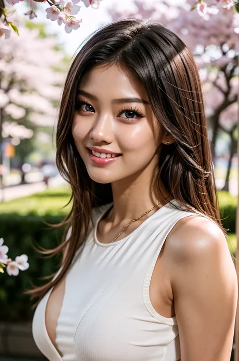 detailed soft lighting, beautiful Seolhyun (KPop star), sparkly tight dress, walking in Kyto, cherry blossoms, flirtatious smile, flowing hair, (realistic:1.37),(4k, best quality, masterpiece:1.2), ultra-detailed, heart-shaped pupils, physically-based rend...