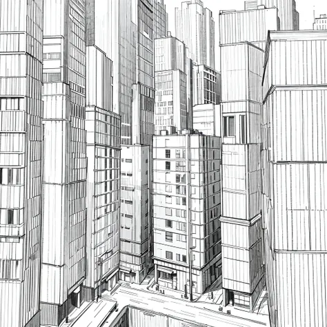 black and white line art of multiple norwegian city blocks with roads and wide sidewalk, short buildings, minimal detail, cartoon style, asymetrical, birdseye view