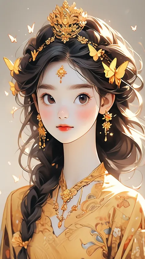 a pretty but beautiful woman wearing gold costume adorned with crown and butterflies, 1girl, jewelry, bug, solo, butterfly, brown hair, long hair, brown eyes, necklace, hair ornament, earrings, tiara, realistic, flower, portrait, looking at viewer, hair fl...