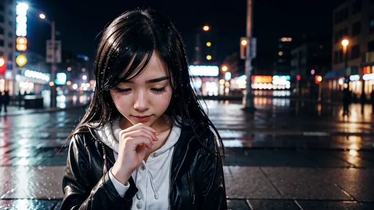 young anime girl 20 years old. couple wet with tears, It sleets, city background.