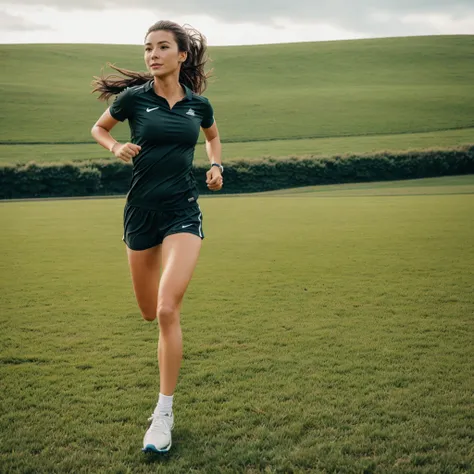 A lady running on a field candid 