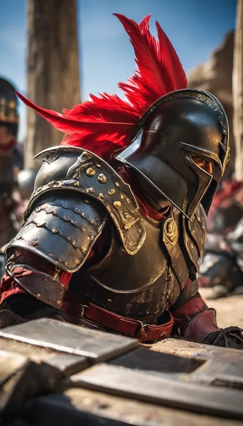 Portray a Spartan soldier in full armor, with the iconic Corinthian helmet and red plume, hyper realistic, ultra detailed hyper realistic, photorealistic, Studio Lighting, reflections, dynamic pose, Cinematic, Color Grading, Photography, Shot on 50mm lens,...