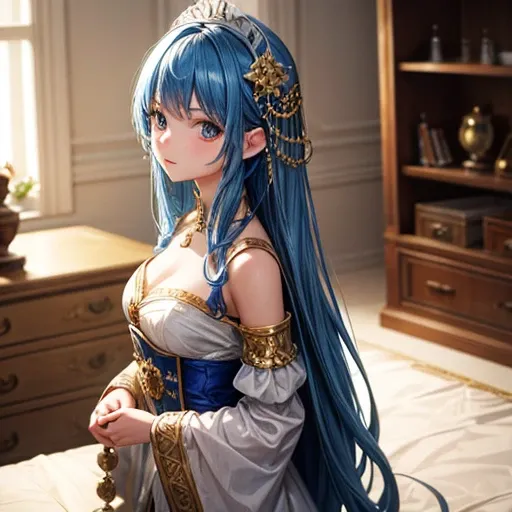 Highest quality,Very detailed,masterpiece,Super detailed,figure,Blue Hair ,hair ornaments,stand,indoor,can&#39;t believe it_Absurd,One girl,Mid-chest,Red nose ,Realistic,Long Hair,summer_dress,Garter Straps,beautiful girl,Waving SV98