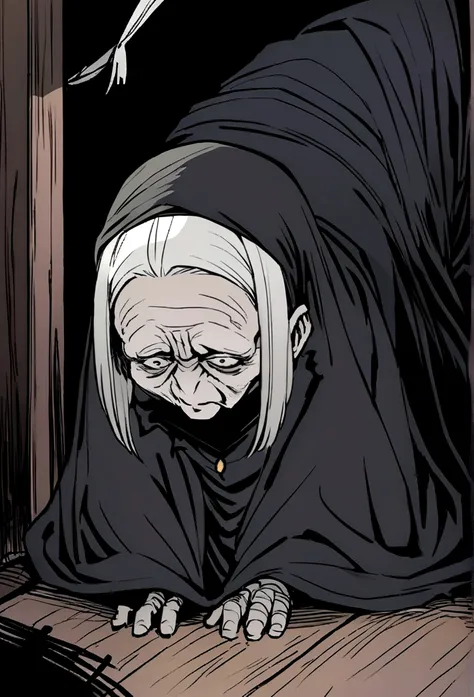 Very old woman, Looks like a corpse, Half of your face is deformed, Angry expression, Gray short hair, Pale and wrinkled skin, pupil, Hunchback posture, With penetrating and, Long black cape, Torn clothes, There is a raven feather cape on the back, The lef...