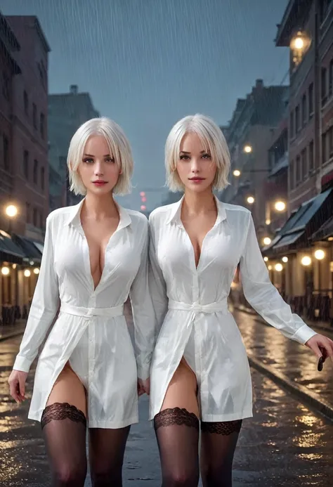 ,twins,white hair,stockings,mature female,rain,night city