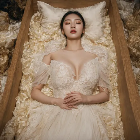 A provocative and sensual image unfolds before us. A Korean girl, 22 years old, lie asleep in a deep, wooden black BOX coffin surrounded by plush pillows. They wear golden see-through dresses with lace details, off-shoulder designs, sleeve, and huge skirts...