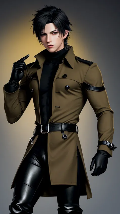 Final fantasy taste and reality graphics, Japanese young cute and cool ikemen  boy, his age is early 20s, thin eyebrows and beady eyes,  he wearing raw sienna color thick trench coat with waist belt, with epaulet, close the front of the trench coat,, colla...