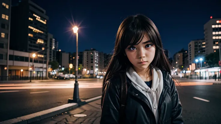 young anime girl 20 years old. Alone. sad expression, teary eyes, It sleets, city background.