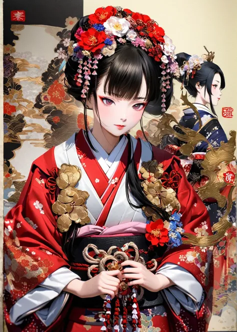 A 12-year-old princess wearing a red kimono and a flower crown, Traditional Japanese, traditional geisha clothing, Japanese women, Wearing Imperial Kimono, japanese geisha, geisha photo portrait, female geisha girl, elegant Japanese women, Japanese Kimono,...