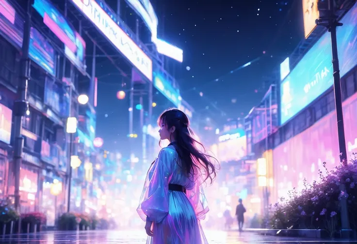 (((zoom out))),8K,((Highest quality)),((high-res)),((shot from behind)),night,She stands front of an open world,((dreaming)),pastel ,soft focus,thank you!