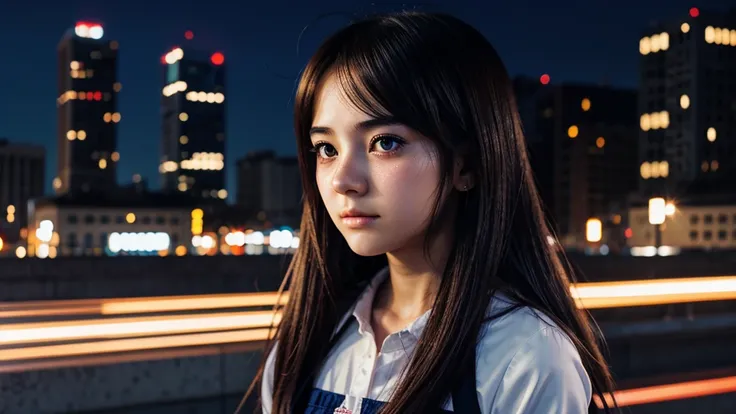 young anime girl 20 years old. Alone. beautiful face, sad expression, teary eyes, It sleets, city background.