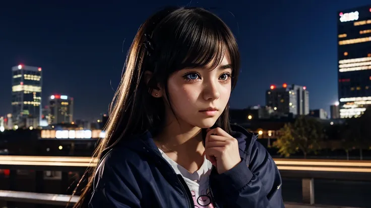 young anime girl 20 years old. Alone. beautiful face, sad expression, teary eyes, It sleets, city background.