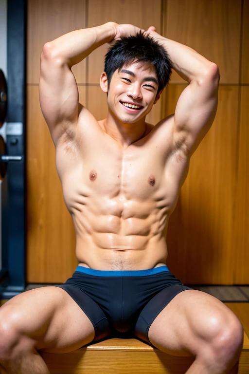 Japanese men、A strong body trained at the gym、Anatomically correct body、Sitting with legs wide apart and smiling、Relaxed atmosphere、The whole body is visible、He is looking up with his hands behind his head、He&#39;s showing off some cool light grey boxer sh...