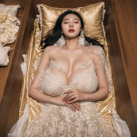 A provocative and sensual image unfolds before us. A Korean girl, 22 years old, lie asleep in a deep, wooden black BOX coffin surrounded by plush pillows. They wear golden see-through dresses with lace details, off-shoulder designs, sleeve, and huge skirts...