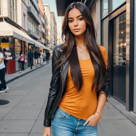 Create an image of a stylish young woman posing confidently for an Instagram photo. She has long, flowing hair, flawless skin, and is dressed in trendy, fashionable clothing. The background should be a bright, urban setting, with vibrant colors and good li...