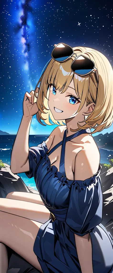 ((grin)), ((off-shoulder dress:1.3, criss-cross halter)), ((sundress)), ((cleavage)), ((blond hair, bob cut:1.3)), ((sunglasses, hand to sunglasses)), (((from side))), ((((upper body)))), bare legs, (()), (((a beautiful starry sky, the Milky Way shining be...