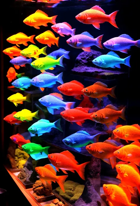 A vibrant display of large fish bowls filled with goldfish, illuminated with colorful purple and red lighting, set against a dark indoor background, likely an art installation or aquarium exhibit