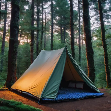 there is a tent in the woods with a blanket on it, nestled in a forest, tent, camping, tent architecture, forest picnic, forest setting, sitting in the forrest, encampment, camp, adventuring gear, in the middle of a forest, in woods, in serene forest setti...