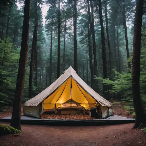 there is a tent in the woods with a blanket on it, nestled in a forest, tent, camping, tent architecture, forest picnic, forest setting, sitting in the forrest, encampment, camp, adventuring gear, in the middle of a forest, in woods, in serene forest setti...