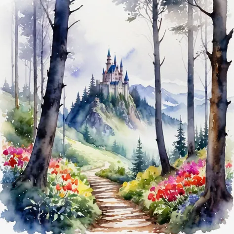 picture of small path in the misty dark tall tree forest leading to distant holy and magical forest, (watercolor), the ground is rich of vibrant colorful flower, wet on wet, loose watercolor, with mystical mountain landscape on the background, ultra high r...