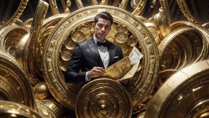 Detailed painting of a person in a suit, Surrounded by a swirl of dollar bills and gold bars, Gold coins, Ultra-Realistic Images, Ultra-detailed skin, 8K images.
