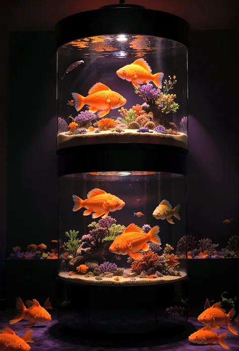 A vibrant display of large fish bowls filled with goldfish, illuminated with colorful purple and red lighting, set against a dark indoor background, likely an art installation or aquarium exhibit