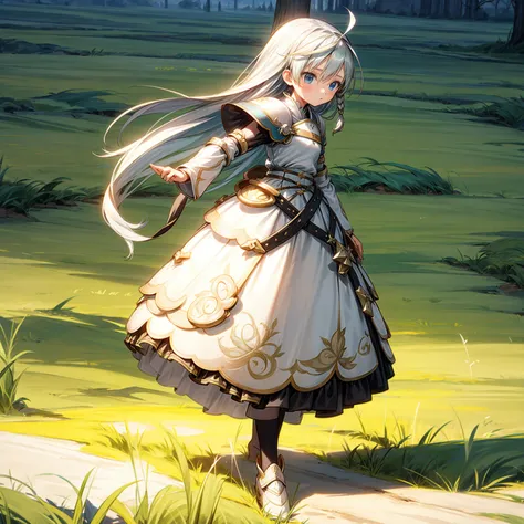 1childern girl, Full body version, 1character, children version, blue eyes color, long haircut, white and yellow colour hair, medieval style clothing, Grassroots, background in green field, motion blur, (Hunter x Hunter style)