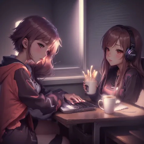 Anime girl sitting at a desk with a laptop and a cup of coffee, 4k anime wallpaper, anime art wallpaper 4k, anime art wallpaper 4k, anime wallpaper 4k, anime wallpaper 4k, Anime Art Wallpapers 8K, Anime Style 4k, Anime Aesthetics, Lo-fi art style, Lo-fi Gi...