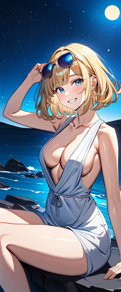 ((grin)), ((plunging neckline dress:1.3)), ((sundress)), ((off shoulders, Quite thick shoulder straps)), ((blond hair, bob cut:1.3)), ((sunglasses, hand to sunglasses)), (((from side))), ((((upper body)))), bare legs, (((A night sky stretching under a full...