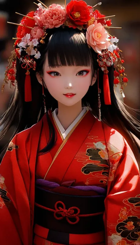 a 12-year-old princess wearing a red kimono and a flower crown, traditional japanese, traditional geisha clothing, japanese wome...