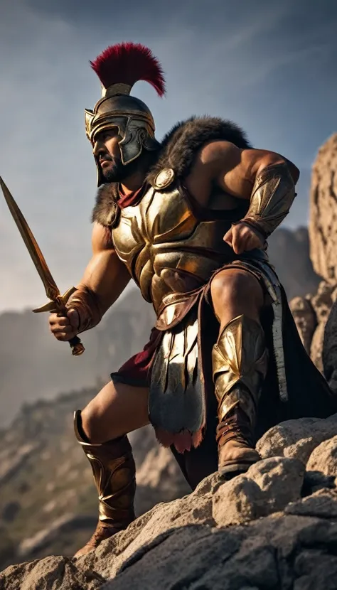 Illustrate a Spartan warrior standing tall on a rocky outcrop, overlooking a vast army, hyper realistic, ultra detailed hyper realistic, photorealistic, Studio Lighting, wearing a gold crown, reflections, dynamic pose, Cinematic, Color Grading, Photography...