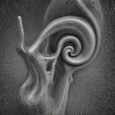 Inner ear structure，Auditory nerve, Black and white twisted spirals，Precise human structure