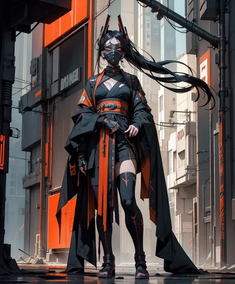 movement, dynamic dance、Artistic jumps、break dance、Strenuous movements、Dynamism、Cyberpunk、orange and black palette, beautiful face, angry face, tech face, lethal geisha cyborg assassin wearing kimono & armor,  danger, red-yellow sky, post-apocalyptic art, ...