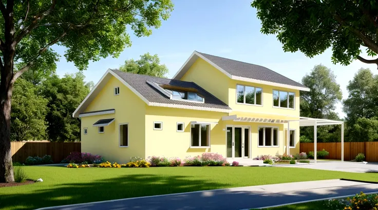 Exterior scene of a modern single-story house by the roadside, with pale yellow walls, glass windows and doors, simple yet elegant interior, surrounded by flowers and trees, blending harmoniously with nature, fresh air, natural light, hyper-realistic, high...