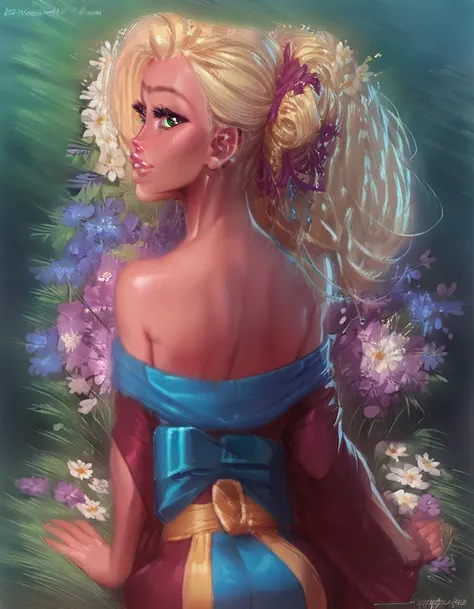 score_9, score_8_up, score_7_up, 1girl, , blonde hair, flowers, disney, source_cartoon, green eyes, red kimono, off shoulder, lo...