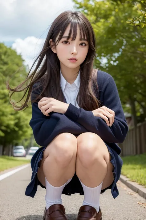 elegant, masterpiece, intricate, realistic, best quality, absurdres, detailed high face detail, perfect eyes, illustration, detailed, kawaii bad girl, feet out of frame, mini skirt, serafuku, kneehighs, loafers, squatting, wind blowing hair, smooth hair, b...