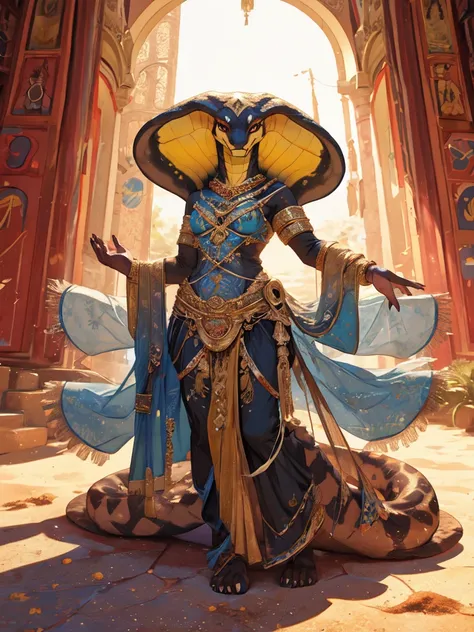 ((Best quality)), ((masterpiece)), (detailed), perfect face , fluffy , snake , cobra snake , Clothes for dancers , arab dancer , white-sand-yellow scales , close person , fangs , yellow repril eyes , Female