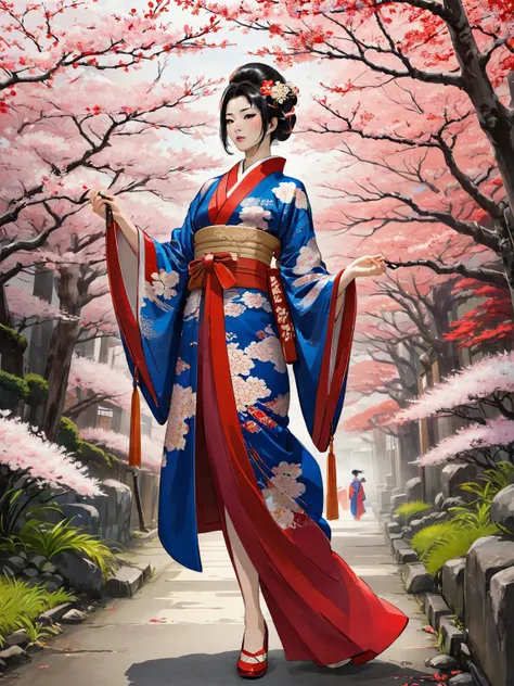 arafed asian woman in a red and blue kimono, wearing royal kimono, wearing a haori, in kimono, royal costume akira, japanese kim...