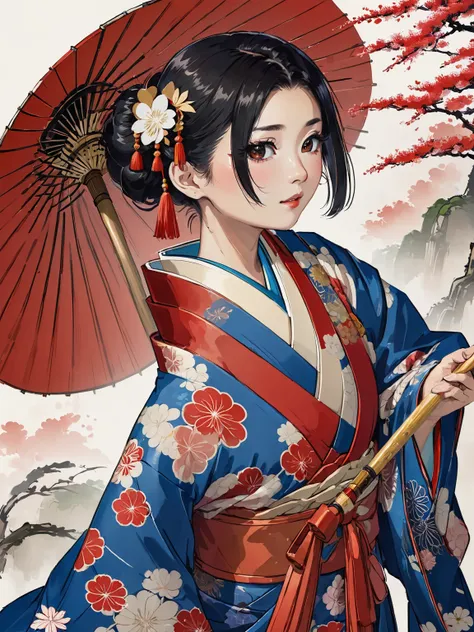 arafed asian woman in a red and blue kimono, wearing royal kimono, wearing a haori, in kimono, Royal Costume Akira, japanese kimono, Traditional Japanese, red kimono with flower patterns, wearing kimono, red kimono, Traditional geisha costume, wearing kimo...