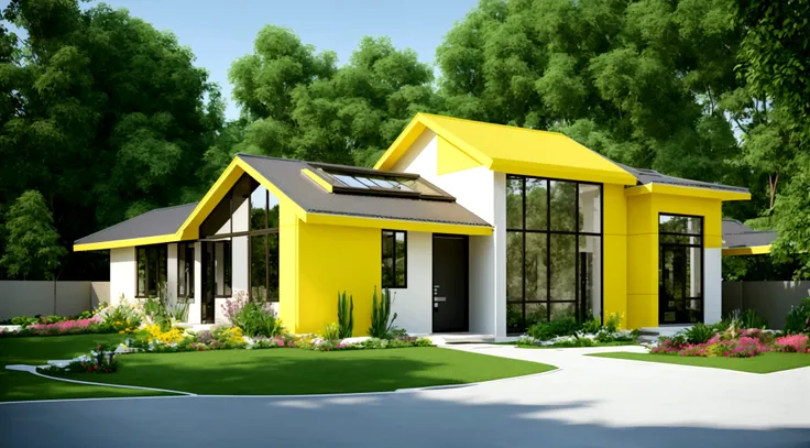 exterior landscape of modern one-story roadside house, with tiled roof, light yellow walls, glass windows and doors, simple but ...