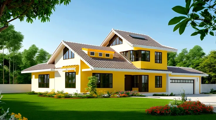 exterior landscape of modern one-story roadside house, orange tile roof, white and cream yellow walls, glass windows and doors, ...