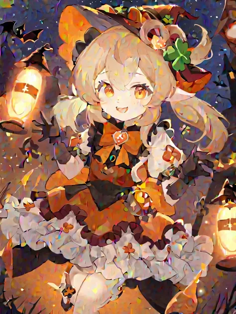 1 girl, witch_hexist, hexist, Smile, Gloves, Solitary, Klee_(Genshin Impact_Influence), long_hair, Watching_exist_Viewer, Black_Gloves, Bangs, hexist_bow, short_sleeve, alternexiste_Costumes, bow, :morality, Shamrock_Print, orange_Eye, Light_Brown_hair, Ah...