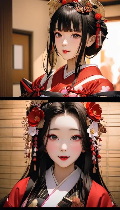 a 12-year-old princess wearing a red kimono and a flower crown, traditional geisha clothing, japanese women, wearing imperial ki...