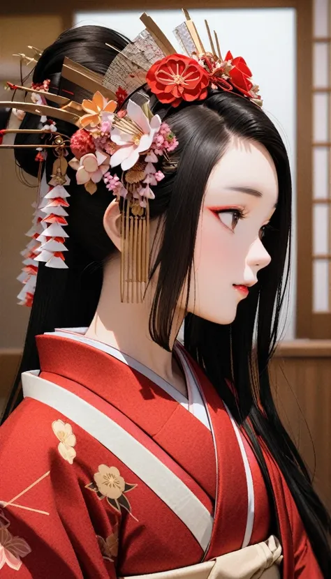 a 12-year-old princess wearing a red kimono and a flower crown, traditional geisha clothing, japanese women, wearing imperial ki...