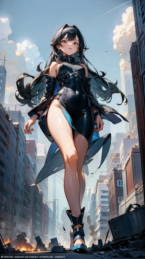 the striking giantess, dressed in a tight blue dress, with flowing black hair and deep brown eyes, strides through a futuristic ...