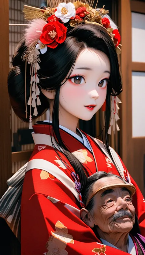 a 12-year-old princess wearing a red kimono and a flower crown, traditional geisha clothing, japanese women, wearing imperial ki...