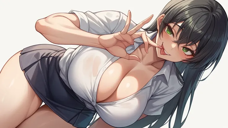 Demon Ninja Asagi、Asagi Igawa、Black Hair、Eyes are green、Long Hair、Huge breasts、White shirt、mini skirt、Cleavage、Licking gesture、smile、Sexy pose