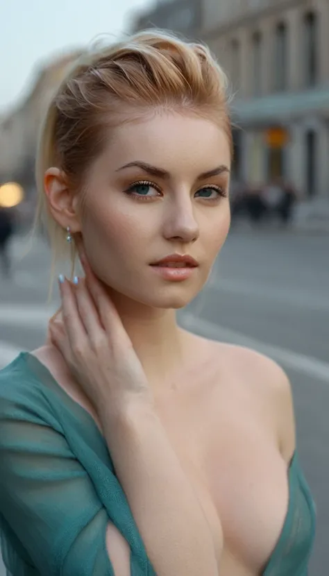 (Skin Texture, pores, natural,iPhone,RAW)), natural lighting, Highest Quality closeup Portrait photo of a pretty woman,black thin choker, clear lipgloss, Nikon Z9, realistic matte skin,  blurry city in the background, 8K, symmetric, whole face,  Medium sho...