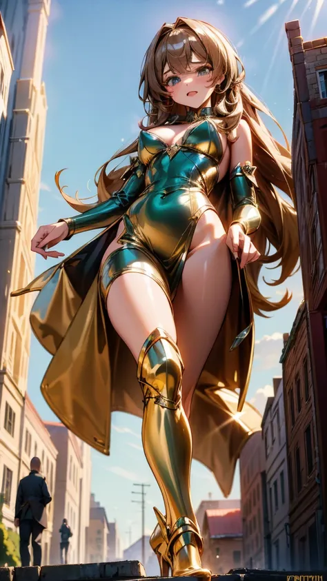 a glamorous giantess in a sparkling gold dress, with long brown hair and green eyes, strides through a bustling medieval city. h...